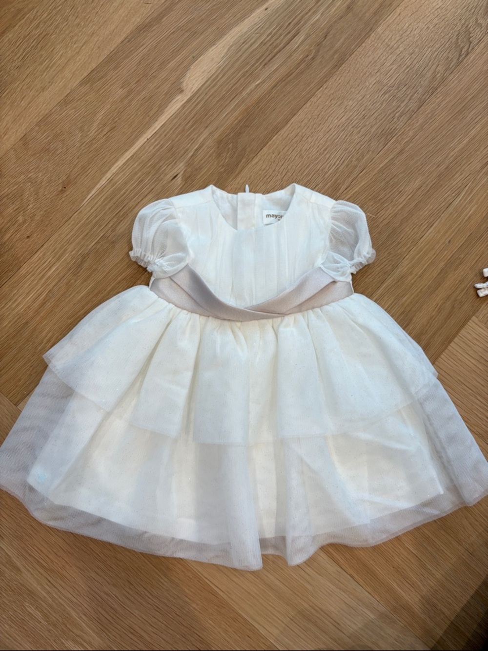 MAyoral White Tulle Party Dress with Puff Sleeves